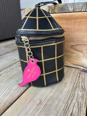 Kate Spade Jade Bird Cage Wristlet Novelty Leather Pink Bird Charm Black Gold
